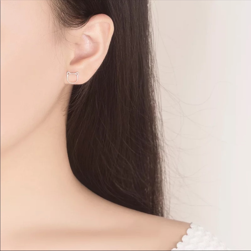 Sterling Silver 925 Cat Stud Earrings - Picture 3 of 5